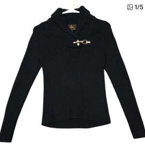Lauren Ralph Buckle-Trim Black Sweater P/S Ribbed Knit Gold Buckle